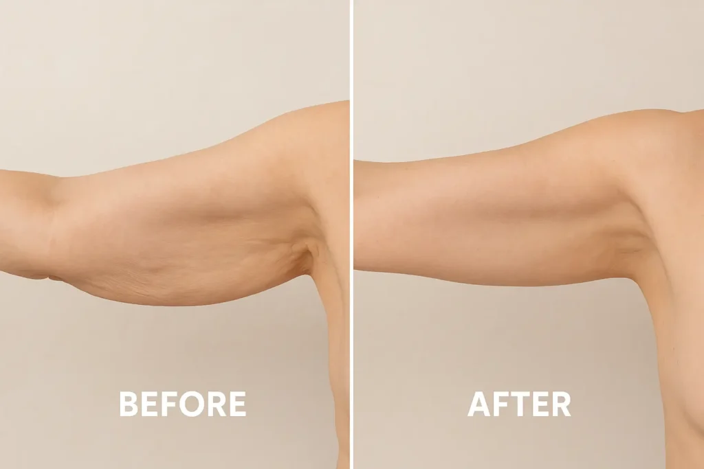 Picture of LA LIPO Aylesbury before and after results of skin tightening treatment on the upper arms.