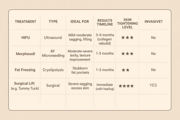 Table showing the comparisons of Skin tightening Aylesbury treatment options.